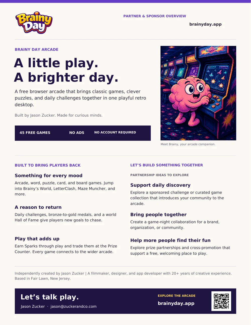 Preview of the Brainy Day Arcade one-sheet, featuring Brainy playing an arcade cabinet