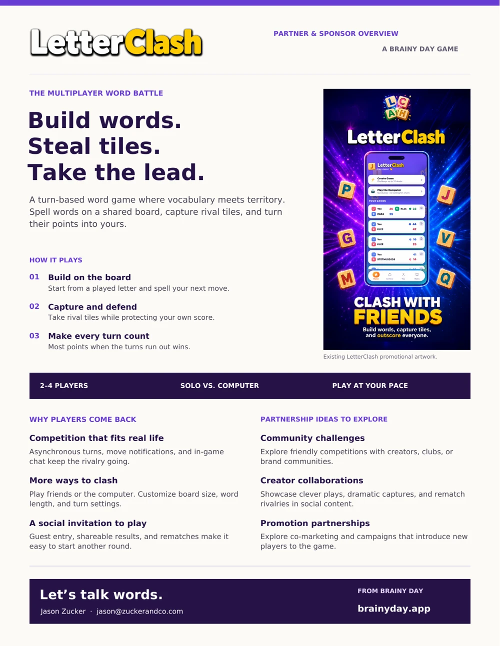Preview of the LetterClash partner one-sheet, with the colorful word game and product overview