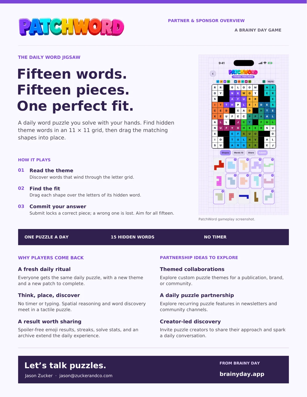 Preview of the PatchWord one-sheet with its rainbow logo and colorful daily word jigsaw