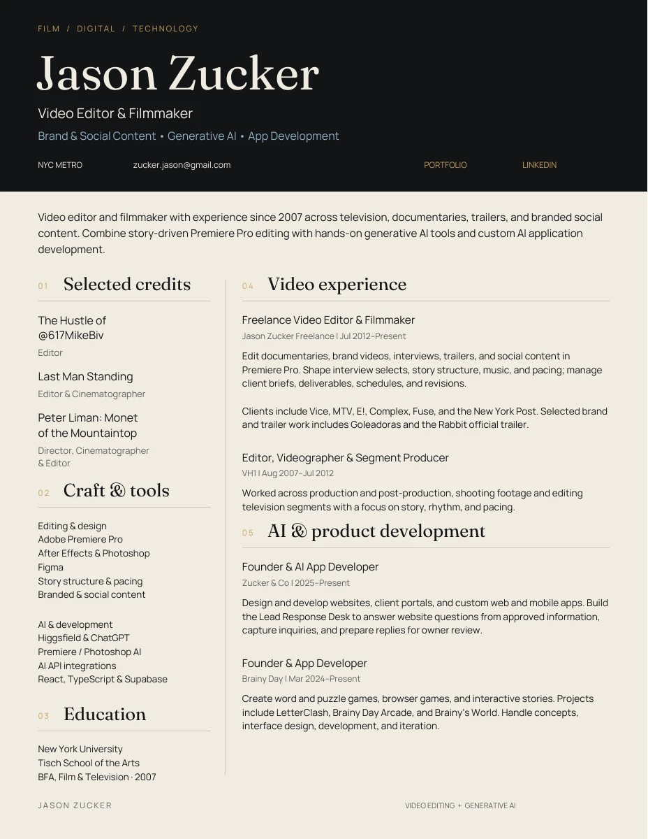 First-page preview of Jason Zucker’s video editor résumé